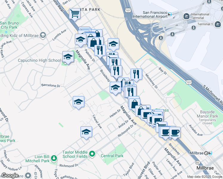 map of restaurants, bars, coffee shops, grocery stores, and more near 1201 Broadway in Millbrae