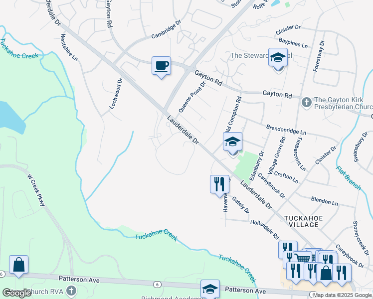 map of restaurants, bars, coffee shops, grocery stores, and more near 1900 Lauderdale Drive in Richmond