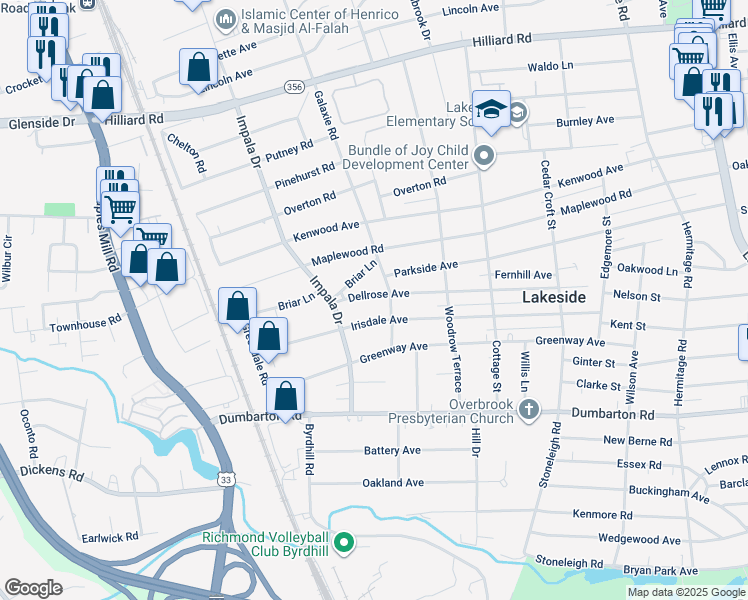map of restaurants, bars, coffee shops, grocery stores, and more near 2907 Dellrose Avenue in Richmond