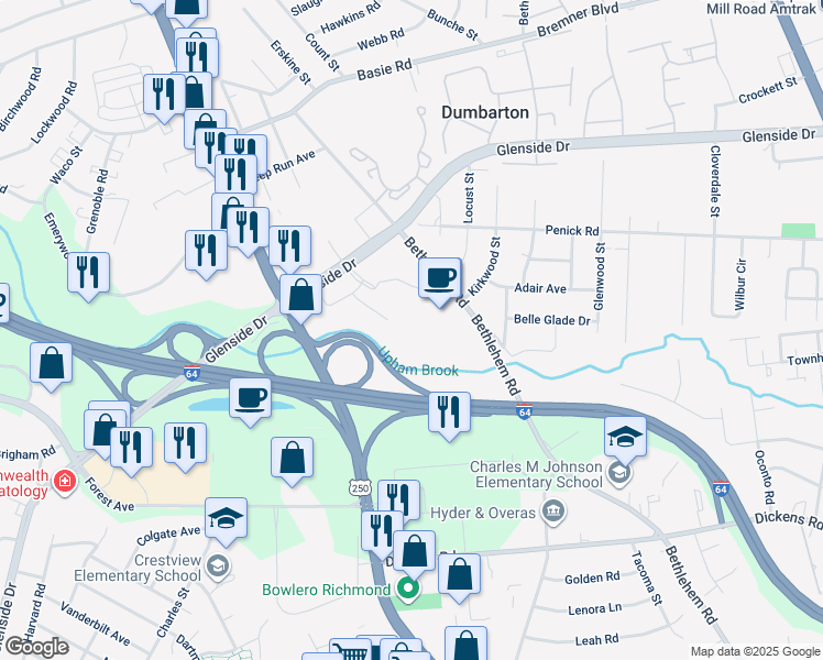 map of restaurants, bars, coffee shops, grocery stores, and more near 6806 Paragon Place in Richmond