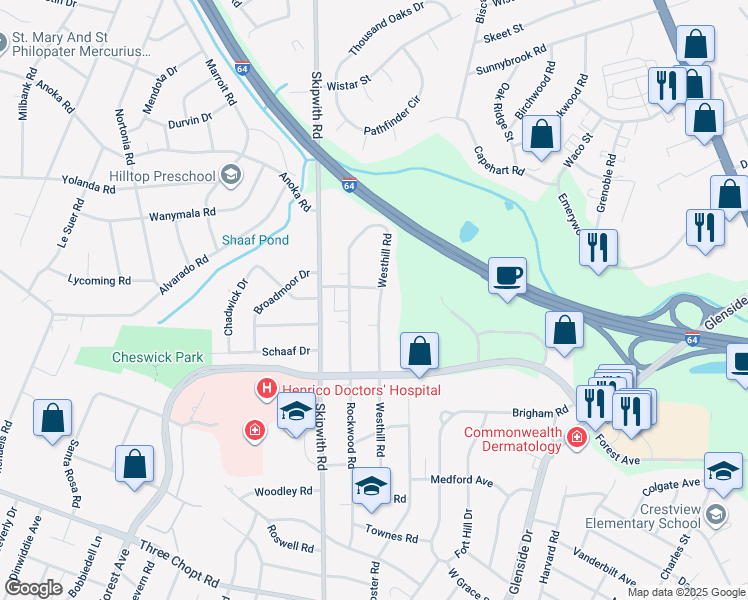 map of restaurants, bars, coffee shops, grocery stores, and more near 1726 Westhill Road in Richmond