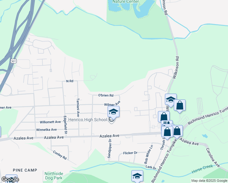 map of restaurants, bars, coffee shops, grocery stores, and more near 304 O'brien Road in Richmond