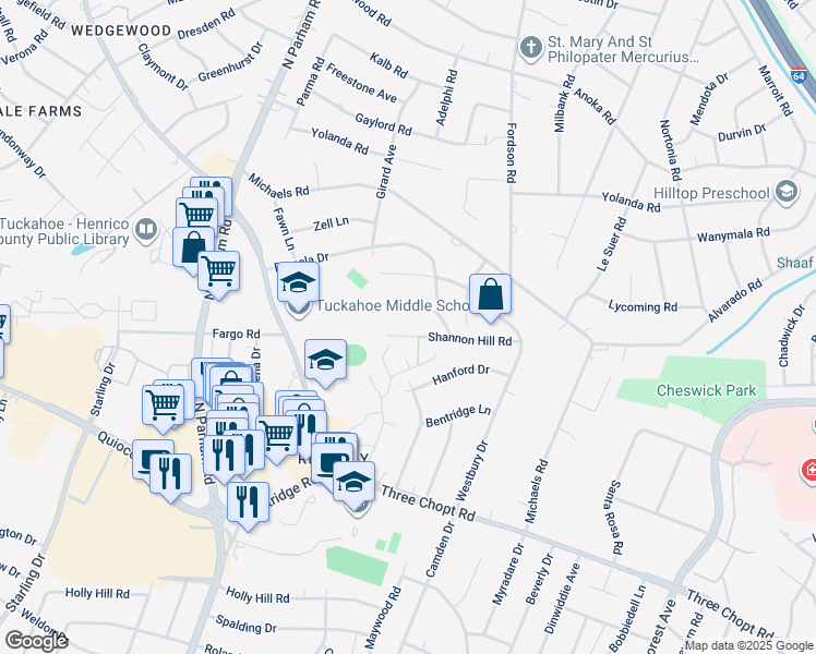map of restaurants, bars, coffee shops, grocery stores, and more near 8308 Shannon Hill Rd in Henrico