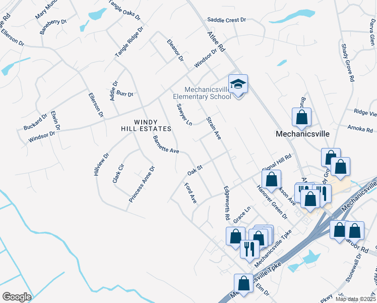 map of restaurants, bars, coffee shops, grocery stores, and more near 7340 Barnette Avenue in Mechanicsville
