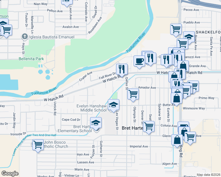map of restaurants, bars, coffee shops, grocery stores, and more near 1509 El Dorado Avenue in Modesto