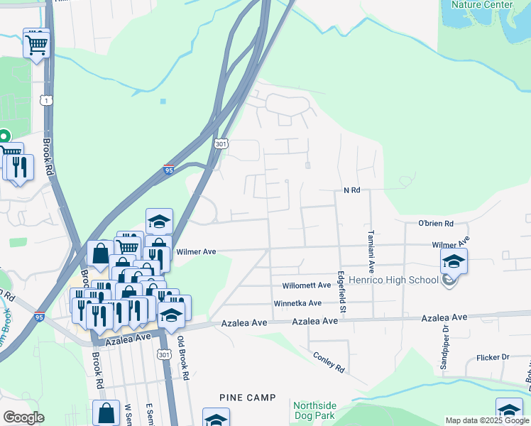 map of restaurants, bars, coffee shops, grocery stores, and more near 5603 Crenshaw Road in Richmond