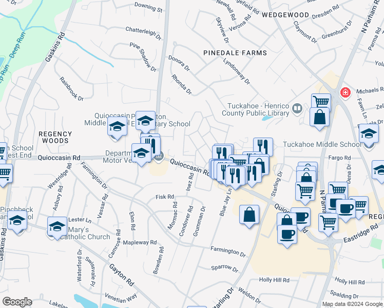 map of restaurants, bars, coffee shops, grocery stores, and more near 11 Premier Drive in Henrico