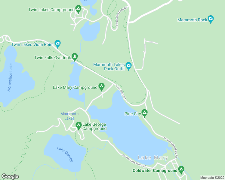 map of restaurants, bars, coffee shops, grocery stores, and more near Lake Mary Road in Mammoth Lakes