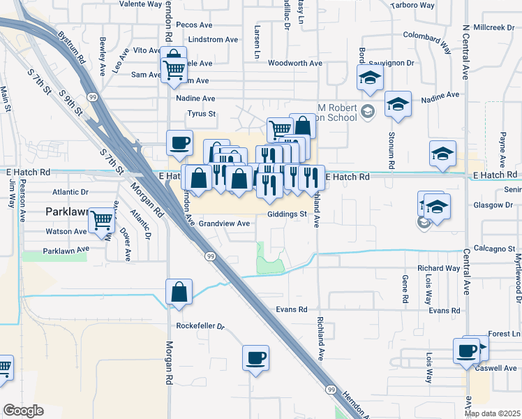 map of restaurants, bars, coffee shops, grocery stores, and more near 1530 East Hatch Road in Ceres