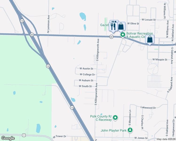 map of restaurants, bars, coffee shops, grocery stores, and more near 2233 West Austin Street in Bolivar