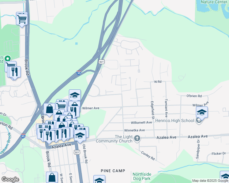 map of restaurants, bars, coffee shops, grocery stores, and more near 5614 Crenshaw Road in Richmond