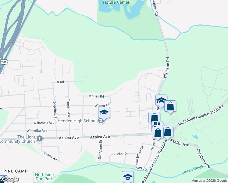 map of restaurants, bars, coffee shops, grocery stores, and more near 218 Obrien Road in Richmond