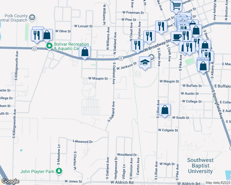 map of restaurants, bars, coffee shops, grocery stores, and more near 620 South Oakland Avenue in Bolivar