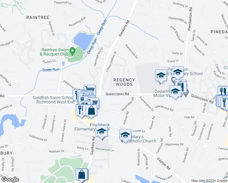 map of restaurants, bars, coffee shops, grocery stores, and more near 1505 Thistle Road in Henrico