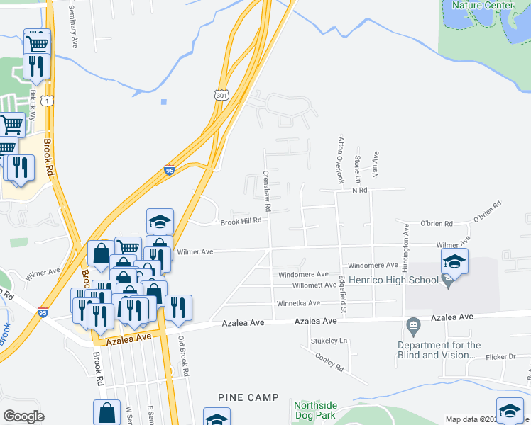 map of restaurants, bars, coffee shops, grocery stores, and more near 5616 Crenshaw Road in Richmond
