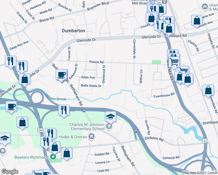 map of restaurants, bars, coffee shops, grocery stores, and more near 6608 Fernwood Street in Richmond