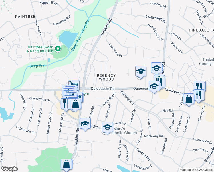 map of restaurants, bars, coffee shops, grocery stores, and more near 1503 Regency Woods Road in Richmond