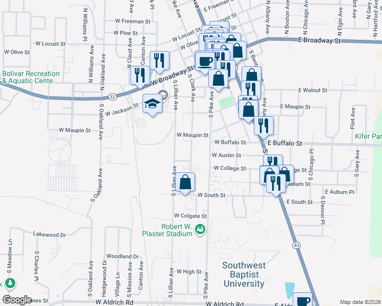 map of restaurants, bars, coffee shops, grocery stores, and more near 711 South Clark Avenue in Bolivar
