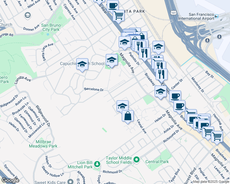 map of restaurants, bars, coffee shops, grocery stores, and more near 359 Millwood Drive in Millbrae