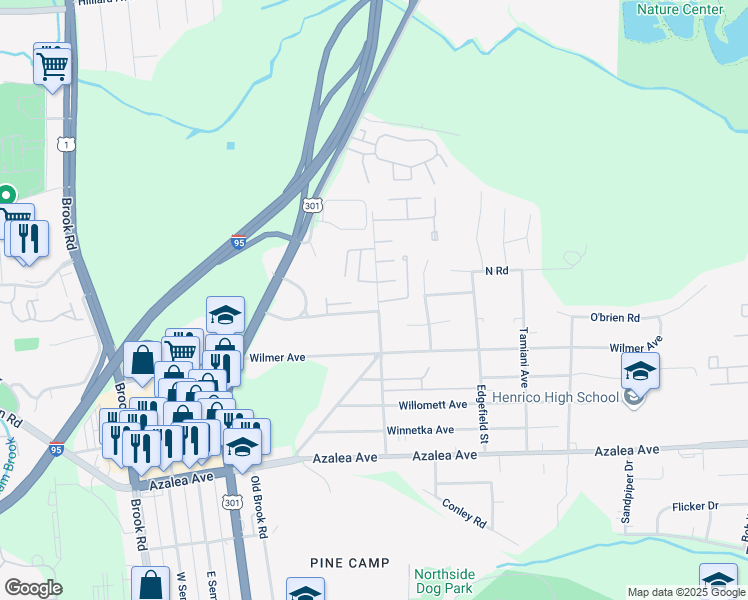 map of restaurants, bars, coffee shops, grocery stores, and more near 5618 Crenshaw Road in Richmond
