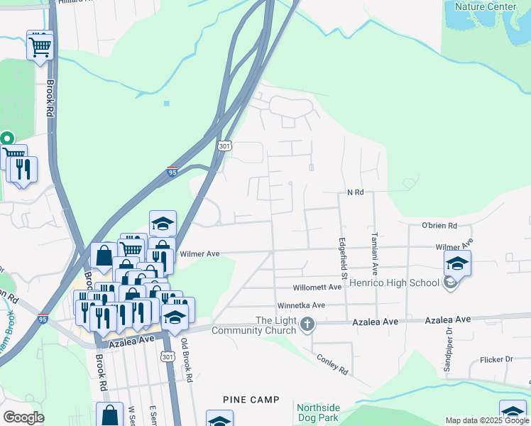 map of restaurants, bars, coffee shops, grocery stores, and more near 5603 Crenshaw Road in Richmond