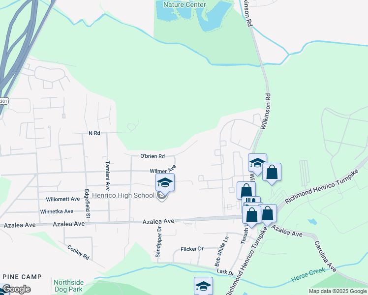 map of restaurants, bars, coffee shops, grocery stores, and more near 214 O'brien Road in Richmond