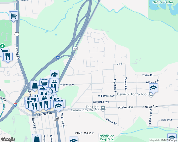 map of restaurants, bars, coffee shops, grocery stores, and more near 5603 Crenshaw Road in Richmond