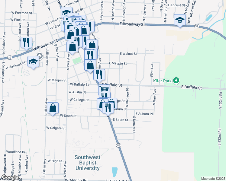 map of restaurants, bars, coffee shops, grocery stores, and more near 530-724 E Buffalo St in Bolivar