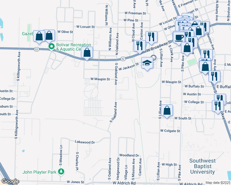 map of restaurants, bars, coffee shops, grocery stores, and more near 300-750 South Oakland Avenue in Bolivar