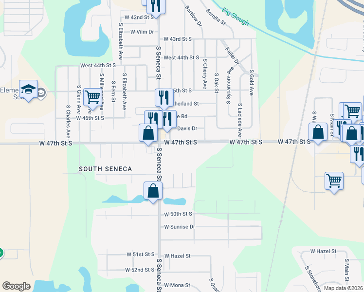 map of restaurants, bars, coffee shops, grocery stores, and more near 933 West 47th Street South in Wichita