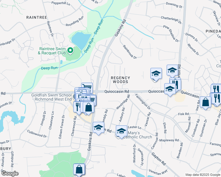 map of restaurants, bars, coffee shops, grocery stores, and more near 22 Chase Gayton Terrace in Henrico