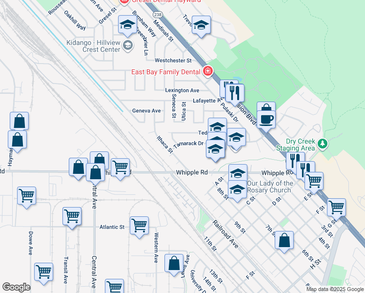 map of restaurants, bars, coffee shops, grocery stores, and more near 136 Tamarack Drive in Union City