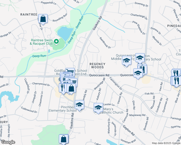 map of restaurants, bars, coffee shops, grocery stores, and more near 1501 Thistle Road in Richmond