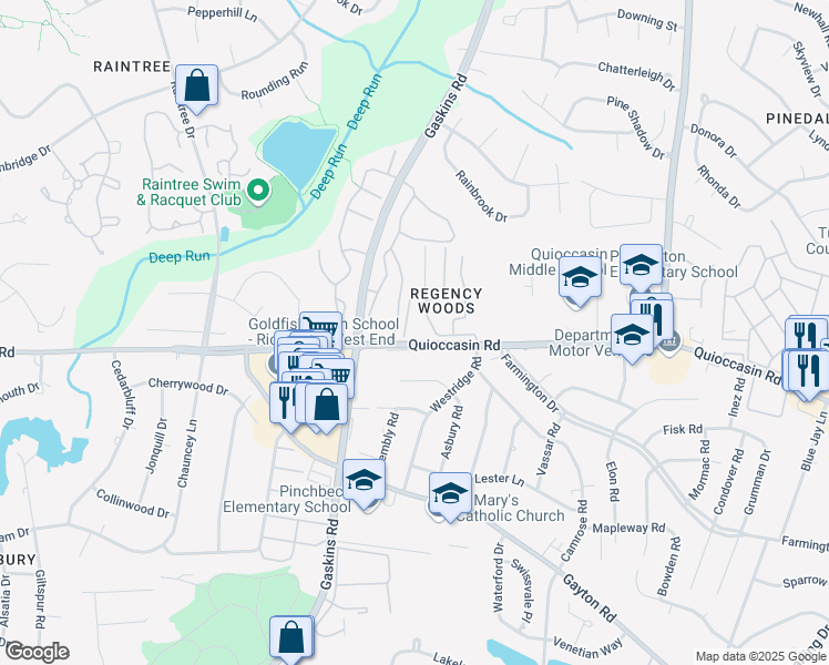 map of restaurants, bars, coffee shops, grocery stores, and more near 1501 Thistle Road in Richmond