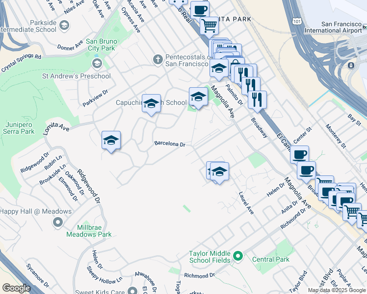 map of restaurants, bars, coffee shops, grocery stores, and more near 501 Barcelona Drive in Millbrae