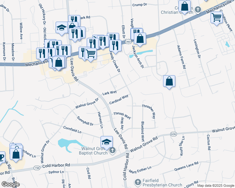 map of restaurants, bars, coffee shops, grocery stores, and more near 6461 Lark Way in Mechanicsville