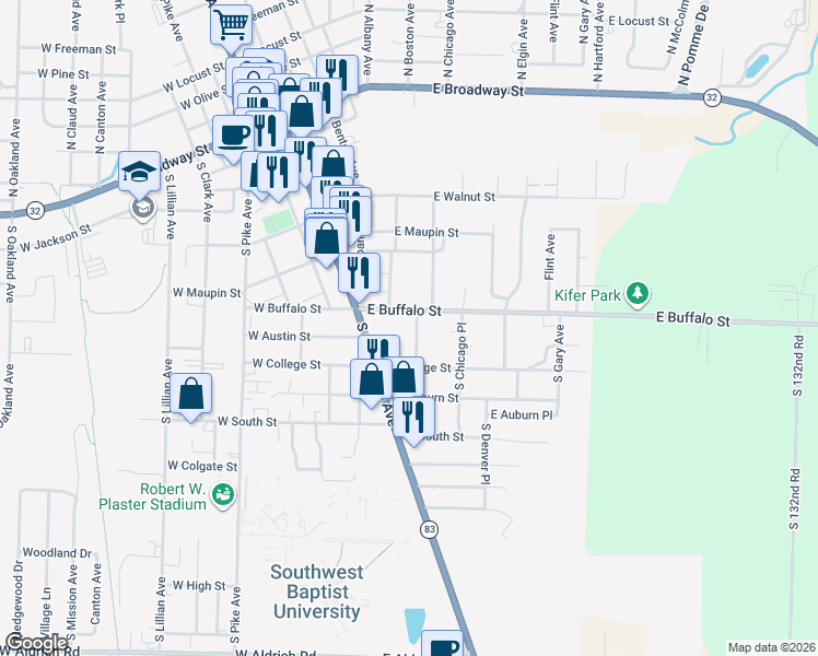map of restaurants, bars, coffee shops, grocery stores, and more near 530-724 E Buffalo St in Bolivar