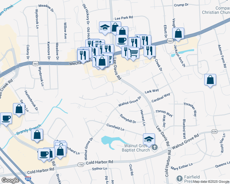 map of restaurants, bars, coffee shops, grocery stores, and more near 7120 Brandy Hill Terrace in Mechanicsville