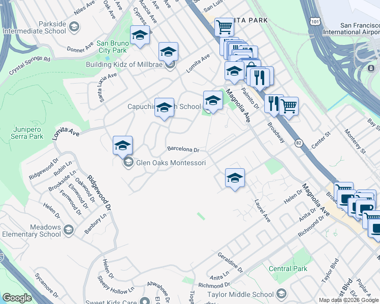 map of restaurants, bars, coffee shops, grocery stores, and more near 506 Capuchino Drive in Millbrae