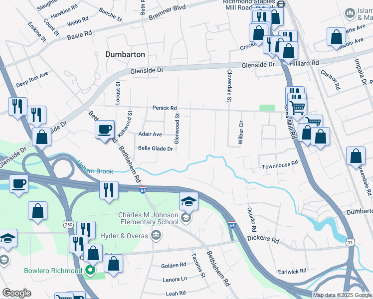 map of restaurants, bars, coffee shops, grocery stores, and more near 6610 Fernwood Street in Richmond