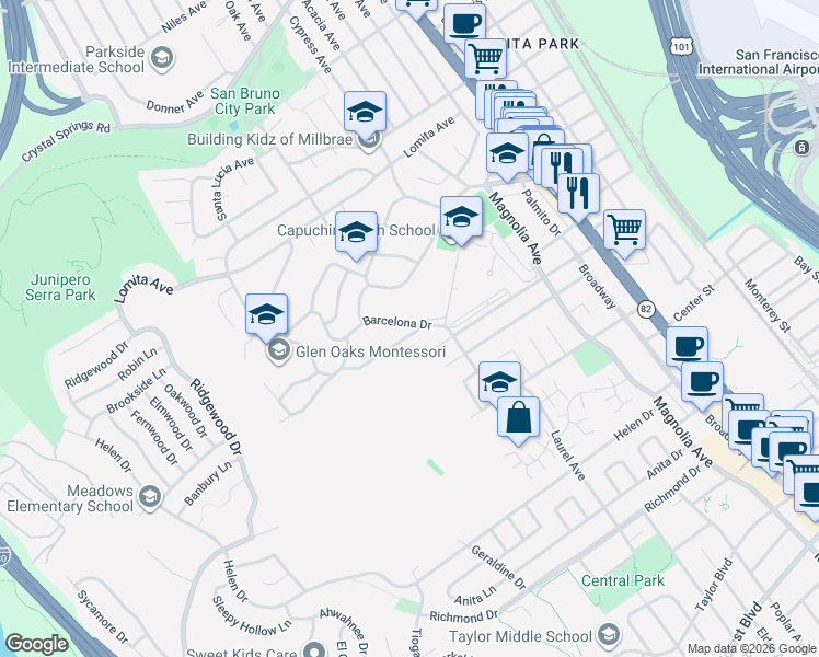 map of restaurants, bars, coffee shops, grocery stores, and more near 506 Capuchino Drive in Millbrae