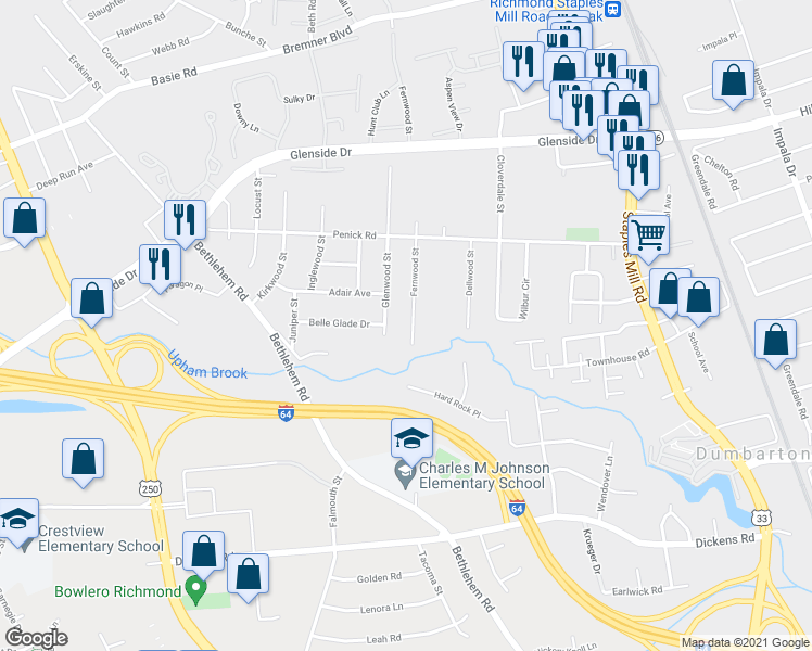map of restaurants, bars, coffee shops, grocery stores, and more near 6610 Fernwood Street in Richmond