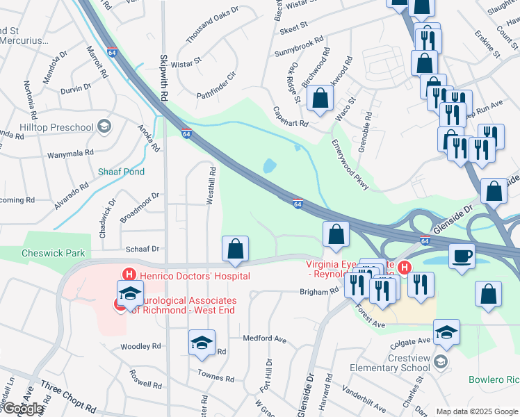 map of restaurants, bars, coffee shops, grocery stores, and more near 1801 Bayberry Court in Richmond