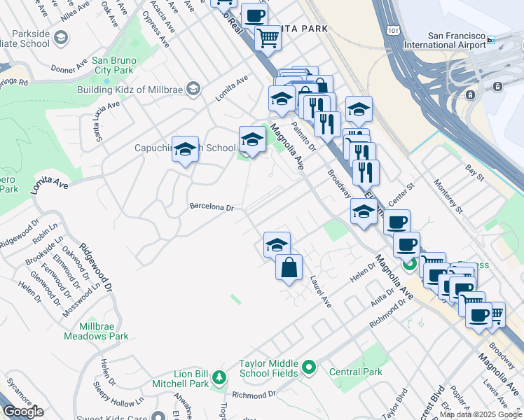 map of restaurants, bars, coffee shops, grocery stores, and more near 367 Millwood Drive in Millbrae