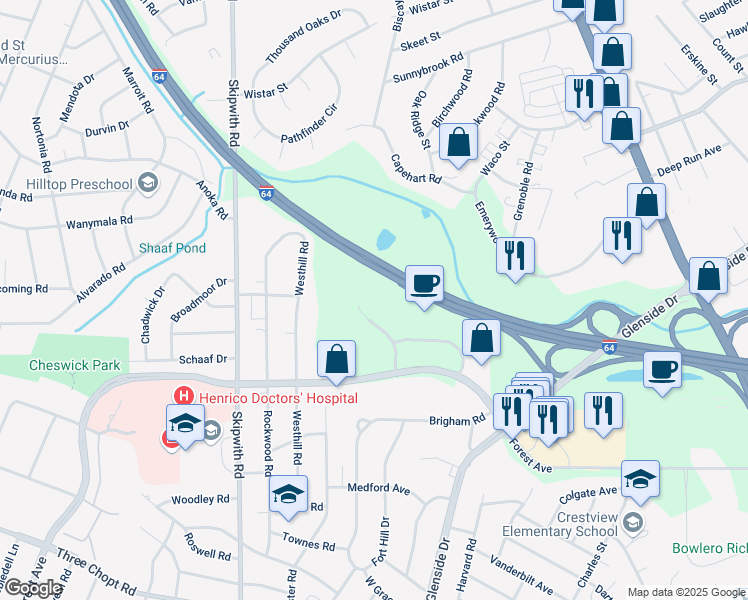map of restaurants, bars, coffee shops, grocery stores, and more near 1801 Bayberry Court in Richmond