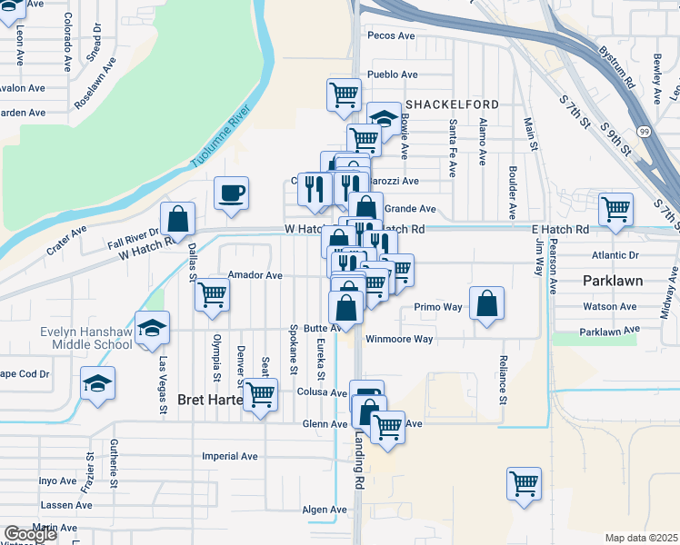 map of restaurants, bars, coffee shops, grocery stores, and more near 111 Amador Avenue in Modesto