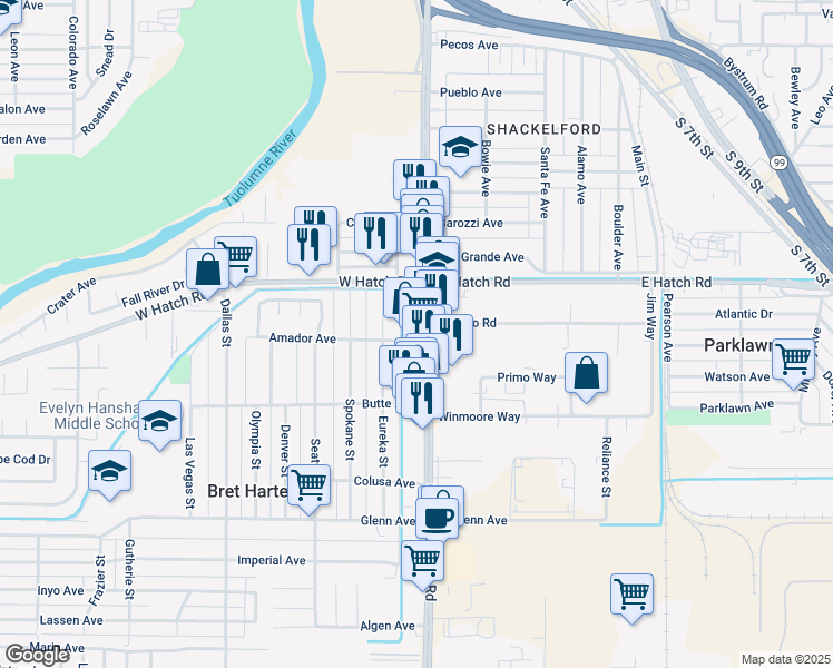 map of restaurants, bars, coffee shops, grocery stores, and more near 111 Amador Avenue in Modesto
