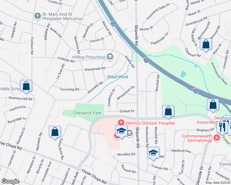 map of restaurants, bars, coffee shops, grocery stores, and more near 1719 Chadwick Drive in Richmond
