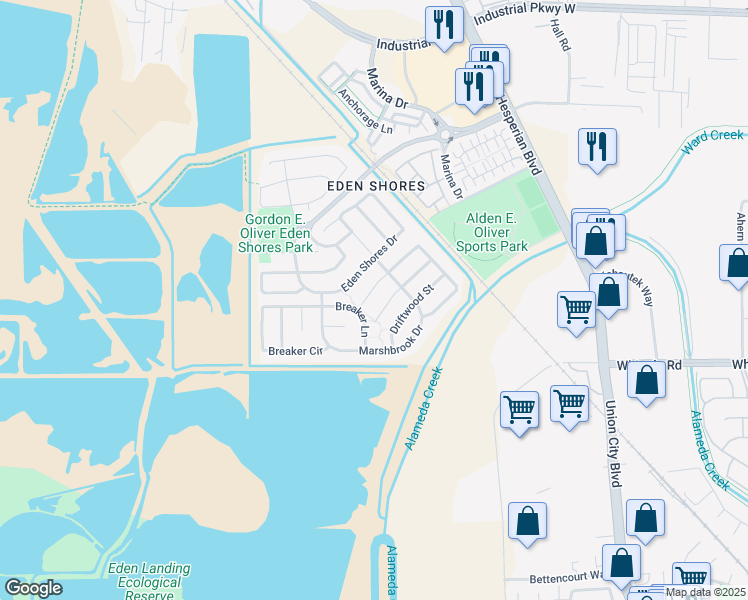 map of restaurants, bars, coffee shops, grocery stores, and more near 2730 Spindrift Court in Hayward