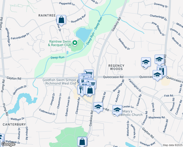 map of restaurants, bars, coffee shops, grocery stores, and more near 1506 Heritage Hill Drive in Richmond